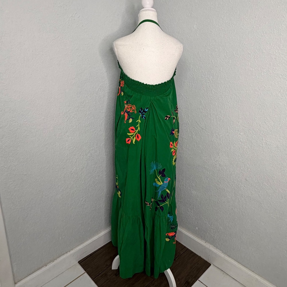 Anthropologie Green Embroidered Tropical Maxi Dress Parrot Leopard ALTERED - Picture 6 of 11
